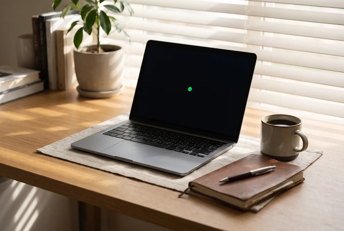 A laptop on a home office desk with a single notification glowing