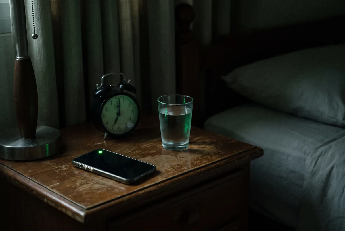 A phone glowing on a nightstand in a dark bedroom