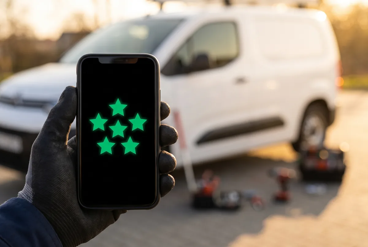 A technician holding a phone showing five stars, service van behind